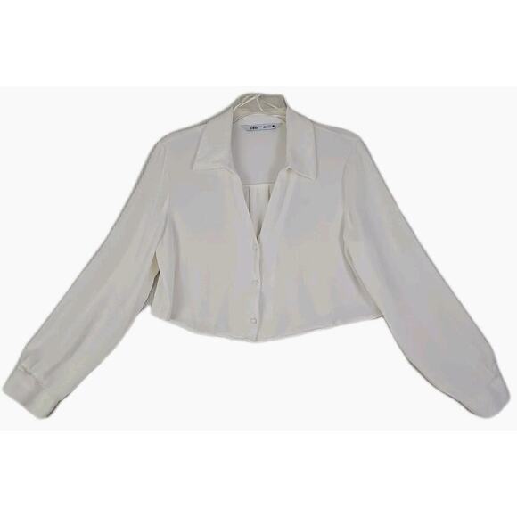 ZARA~Woman Sz. M~White Sutin Effect Cropped Button-Down Silky Shirt Long Sleeve - Picture 8 of 11